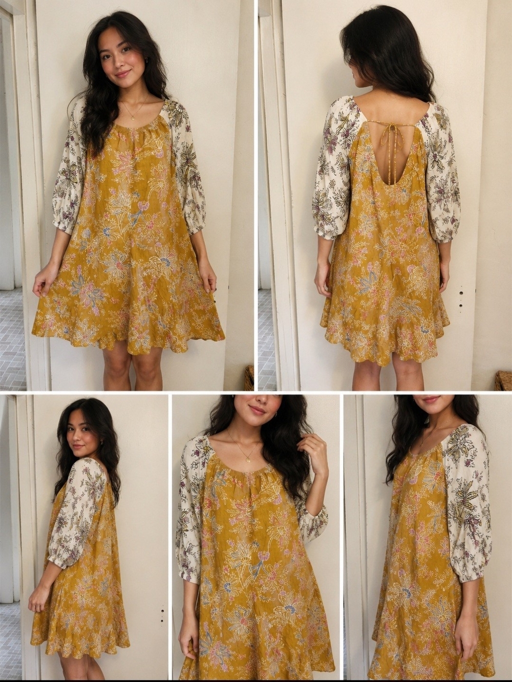 Daily Practice Mustard Floral Mixed-Sleeve Mollie Mini Open Back-Sz L | Like New